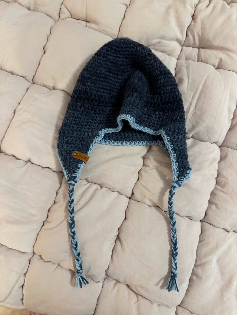 Kids Crochet Earflap Hat in Dark Navy with Light Blue Trim